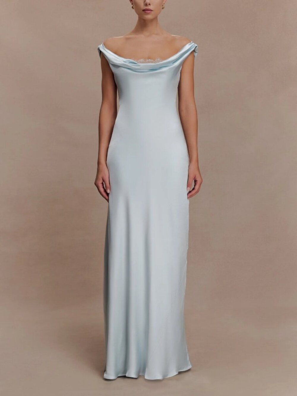 Meshki Backless Satin Maxi Dress in Ice Blue Bridesmaid Wedding Party Size L NWT